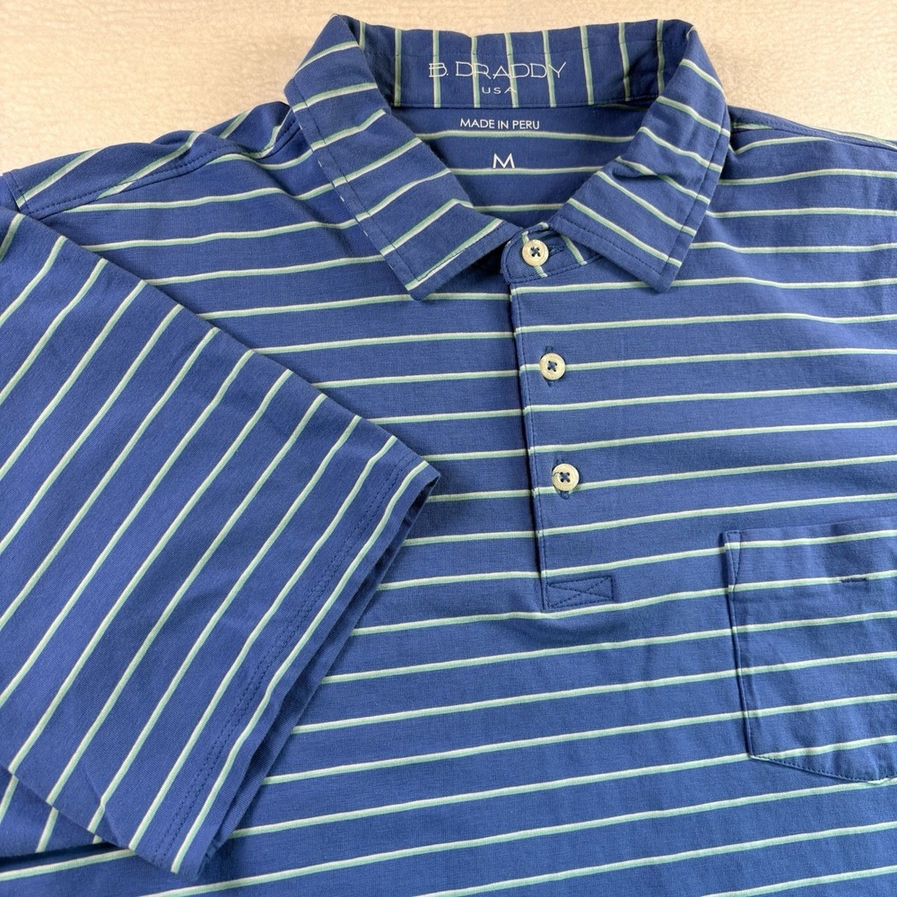 B Draddy Golf Polo Shirt Mens Medium Blue Striped Casual Performance Pima Cotton